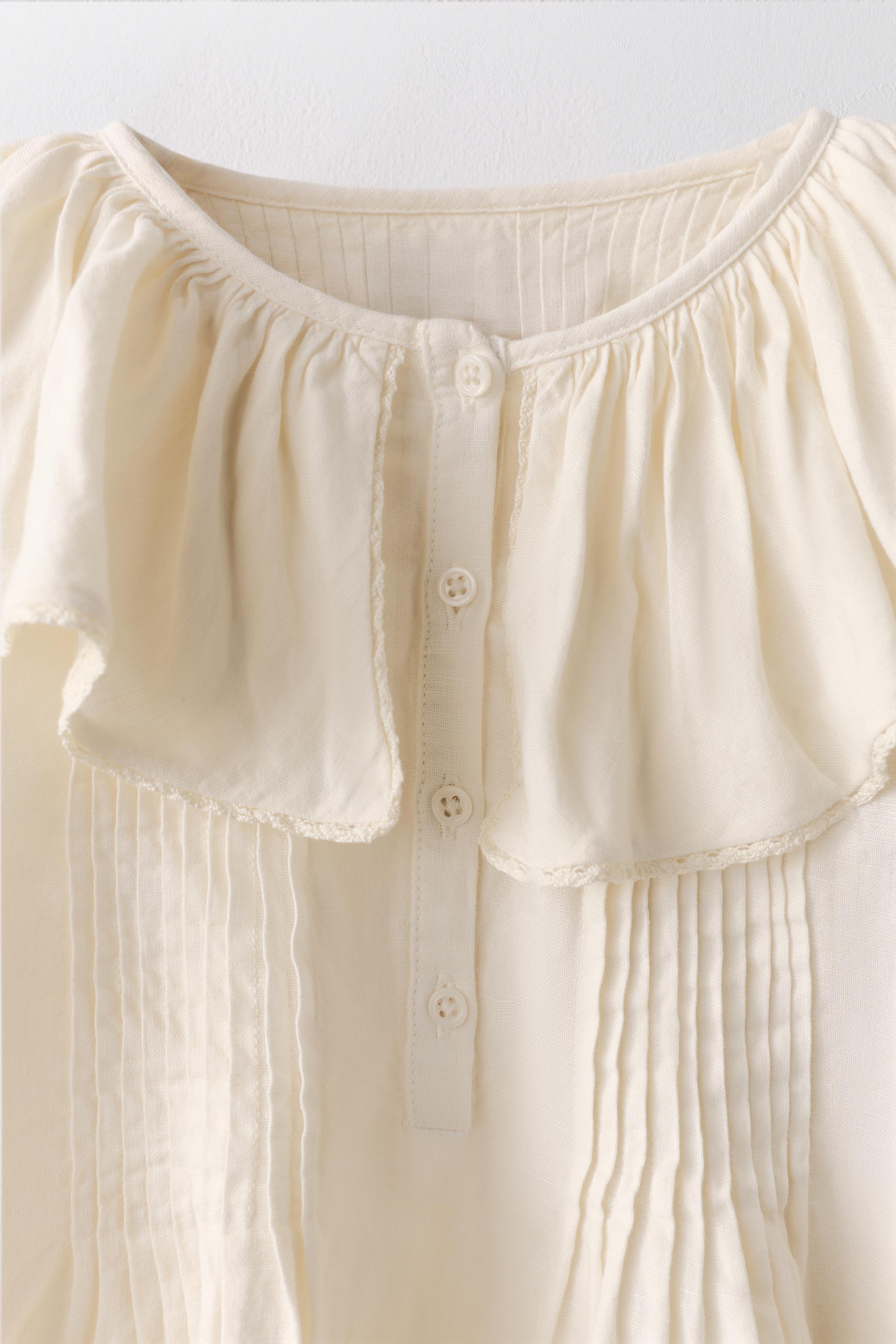6-10 YEARS/ PLEATED LACE TRIM COTTON LINEN BLOUSE LIMITED EDITION